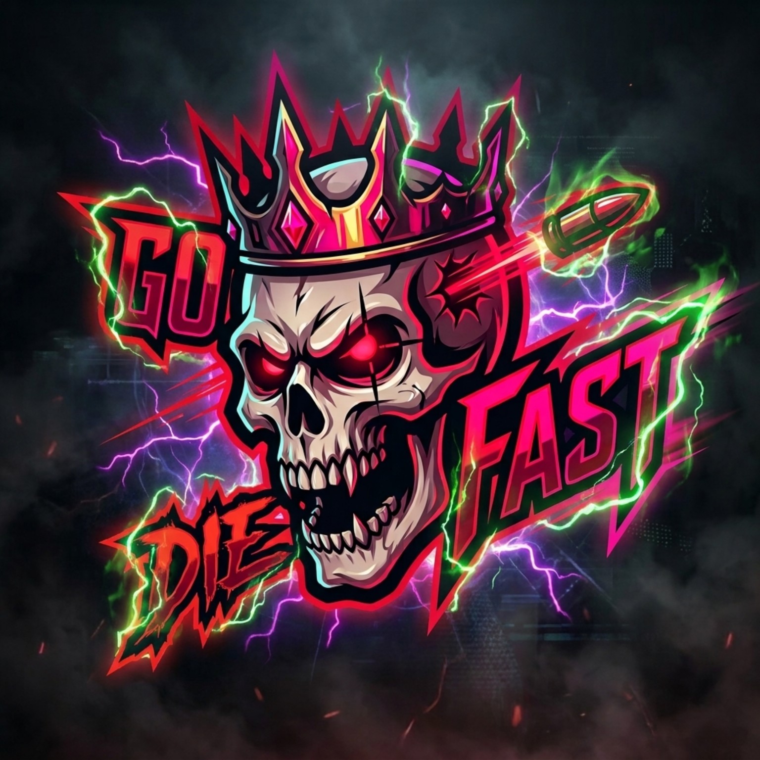 Logo GOFASTDIE: czaszka w koronie i czerwone błyskawice